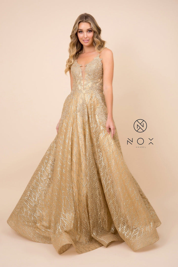 Glitter Mesh V-Neck Gown with Corset Back by Nox Anabel R349