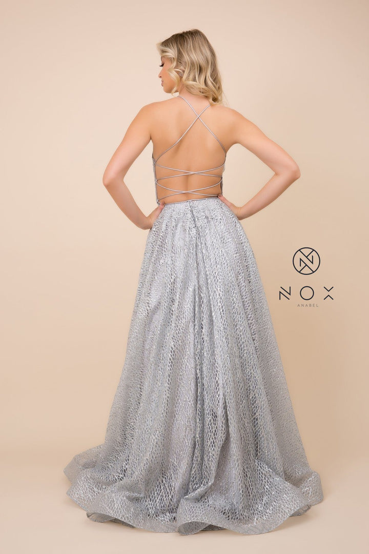 Glitter Mesh V-Neck Gown with Corset Back by Nox Anabel R349
