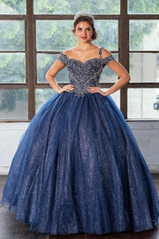 Glitter Off Shoulder Ball Gown with Embroidered Bodice