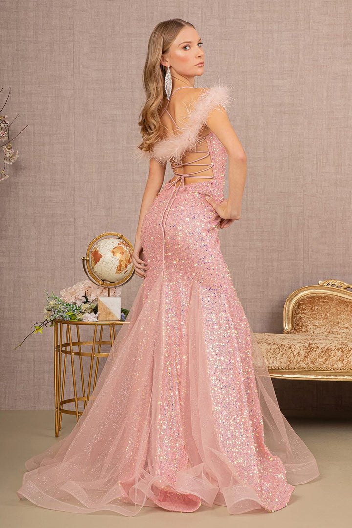 Glitter Off Shoulder Feather Gown by GLS Gloria GL3130