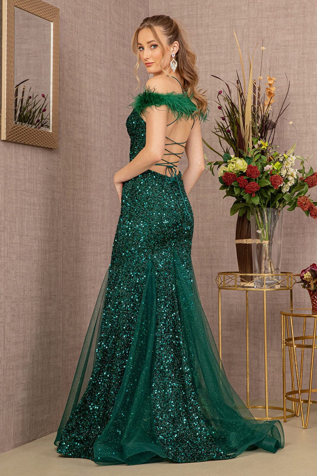 Glitter Off Shoulder Feather Gown by GLS Gloria GL3130