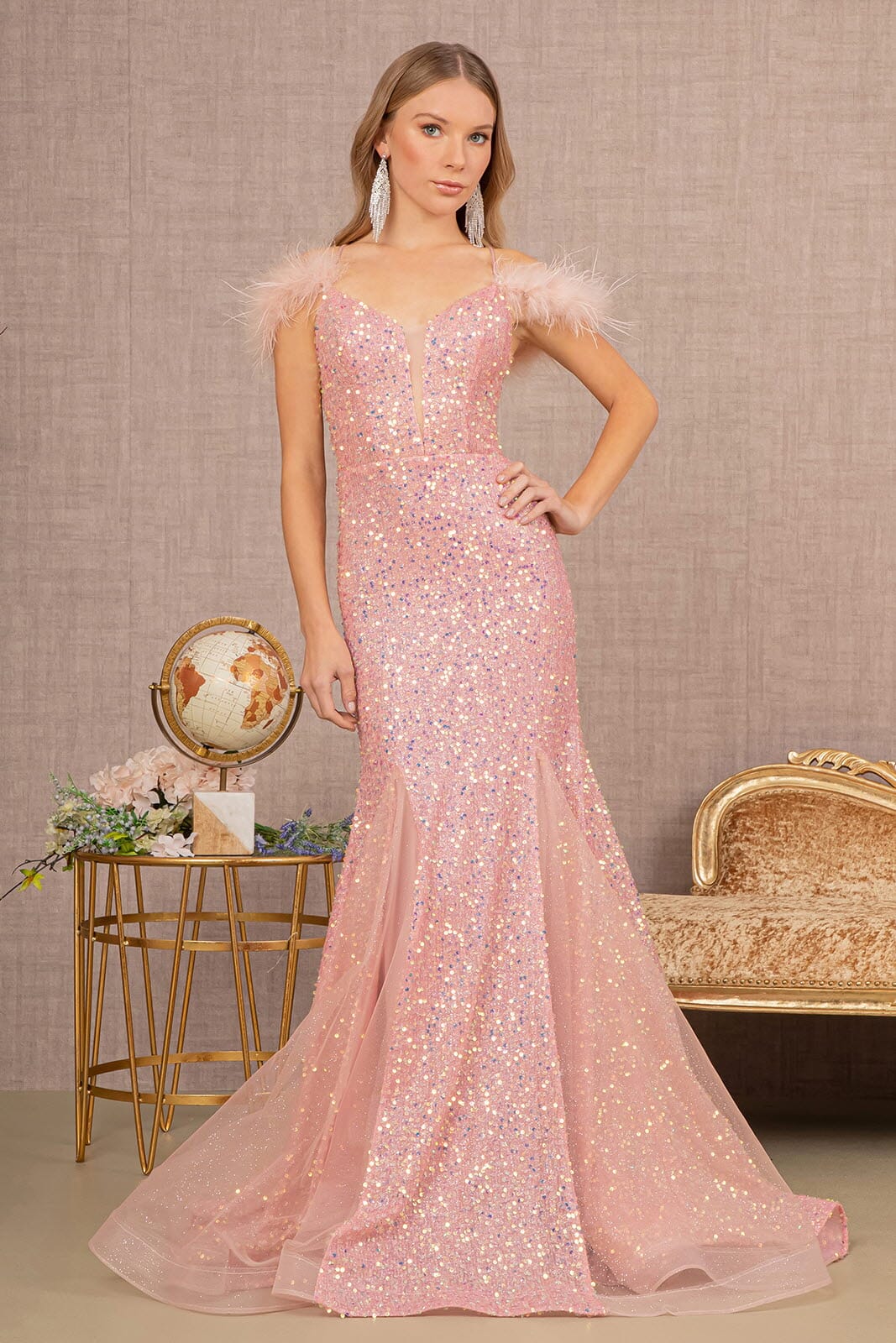 Glitter Off Shoulder Feather Gown by GLS Gloria GL3130