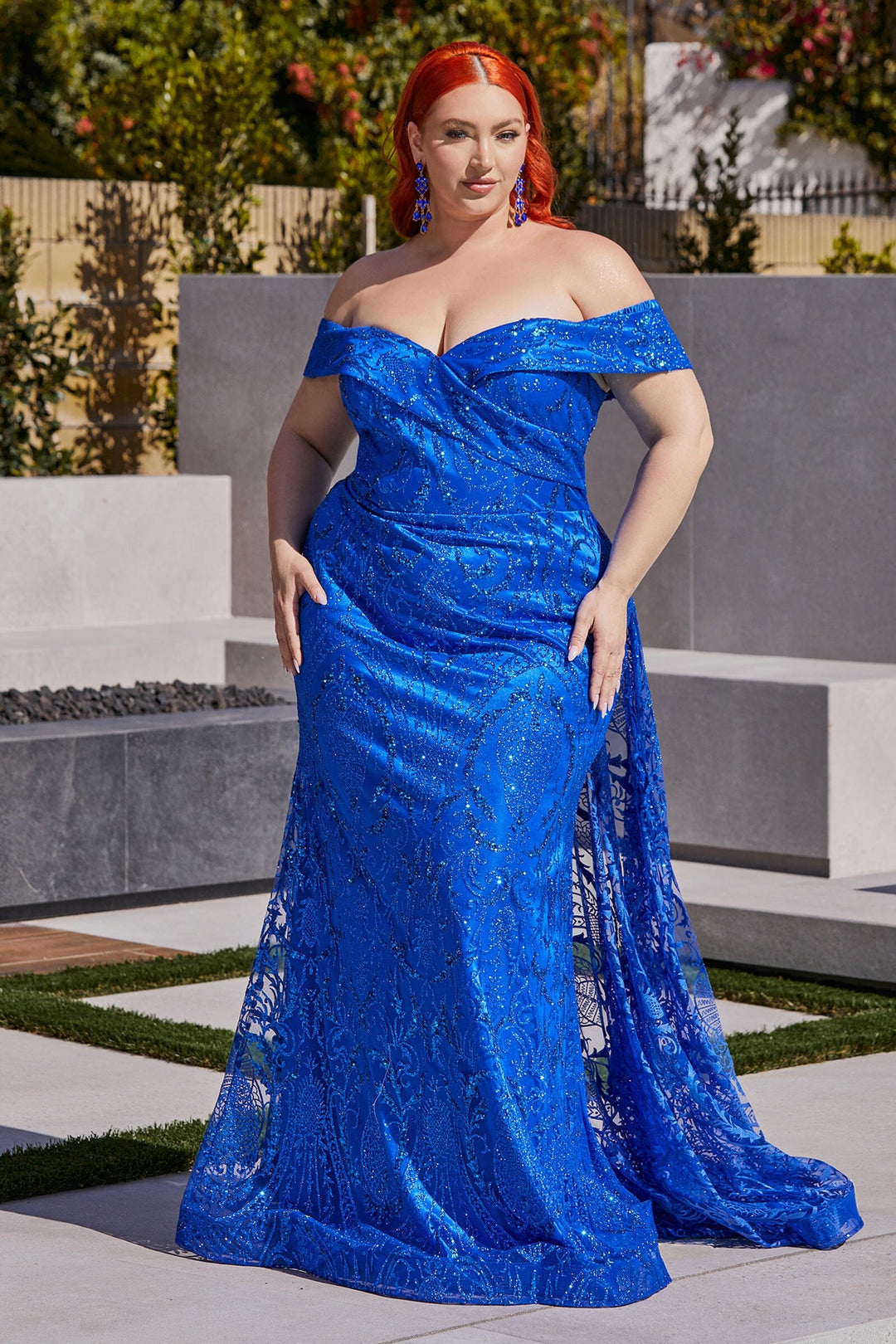 Glitter Off Shoulder Overskirt Gown by Ladivine J836