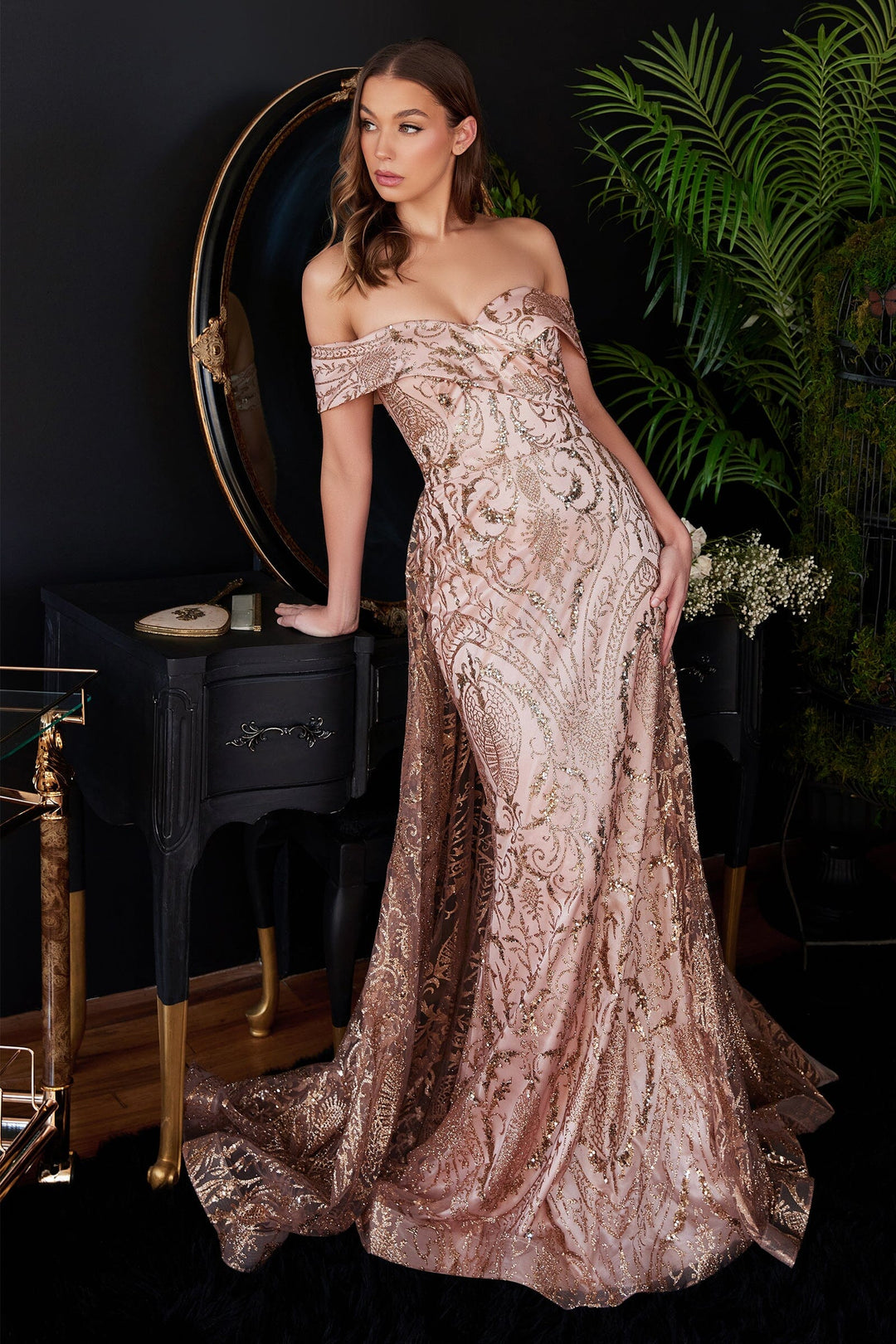 Glitter Off Shoulder Overskirt Gown by Ladivine J836