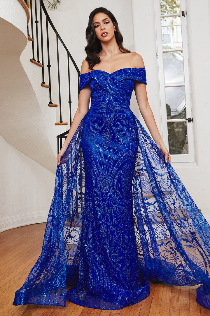 Glitter Off Shoulder Overskirt Gown by Ladivine J836