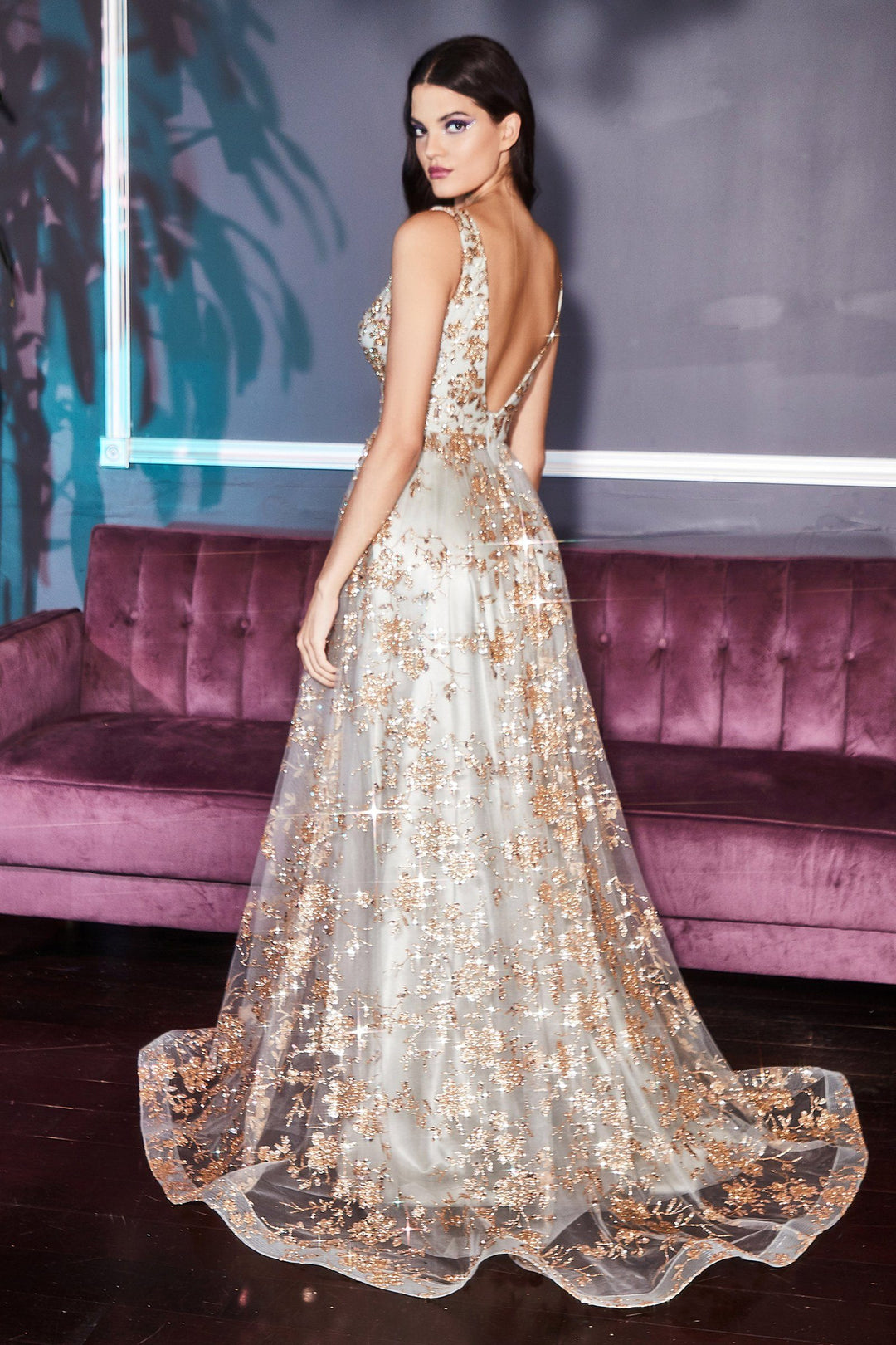 Glitter Print Ball Gown by Cinderella Divine CB068