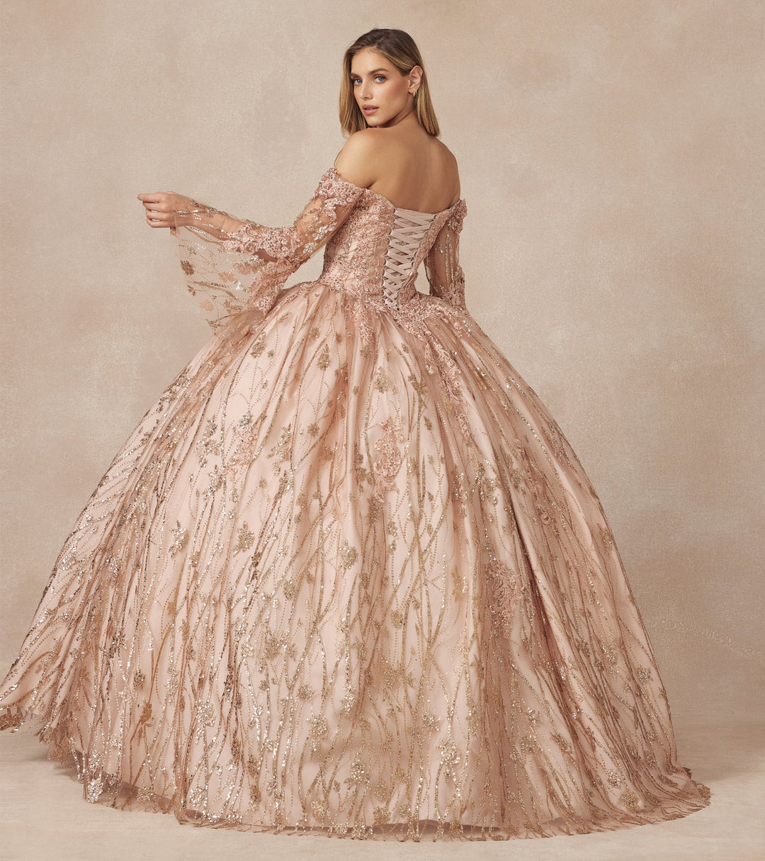 Glitter Print Bell Sleeve Ball Gown by Juliet 1438