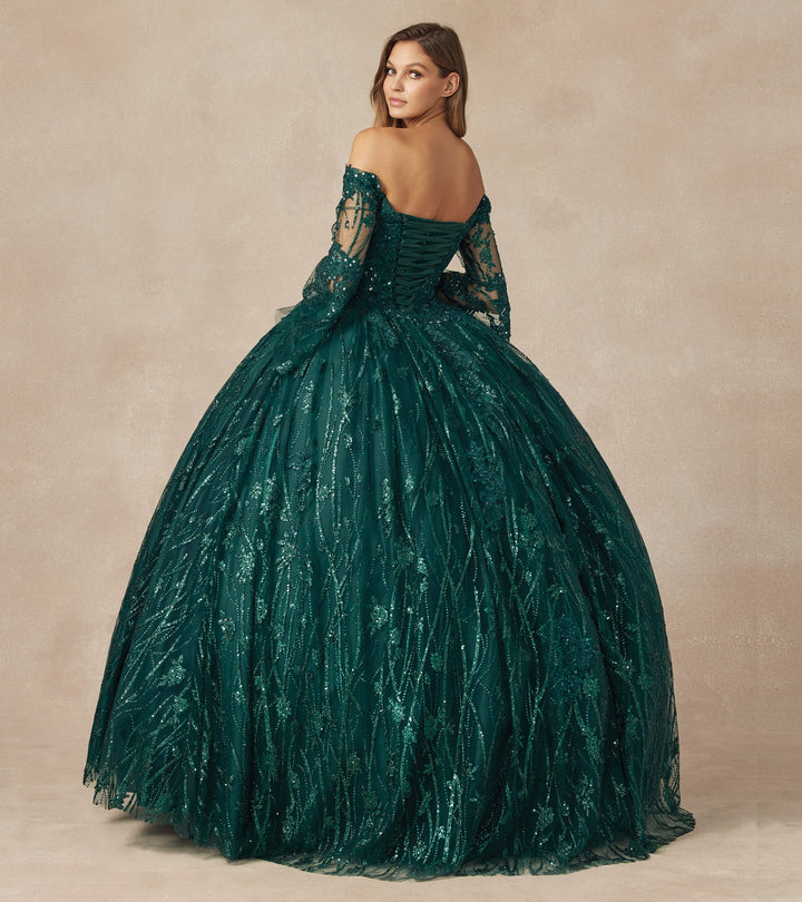 Glitter Print Bell Sleeve Ball Gown by Juliet 1438