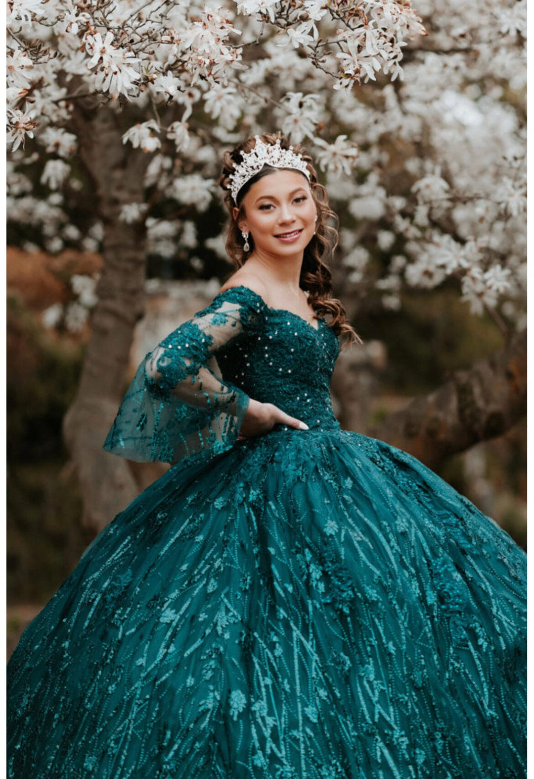 Glitter Print Bell Sleeve Ball Gown by Juliet 1438