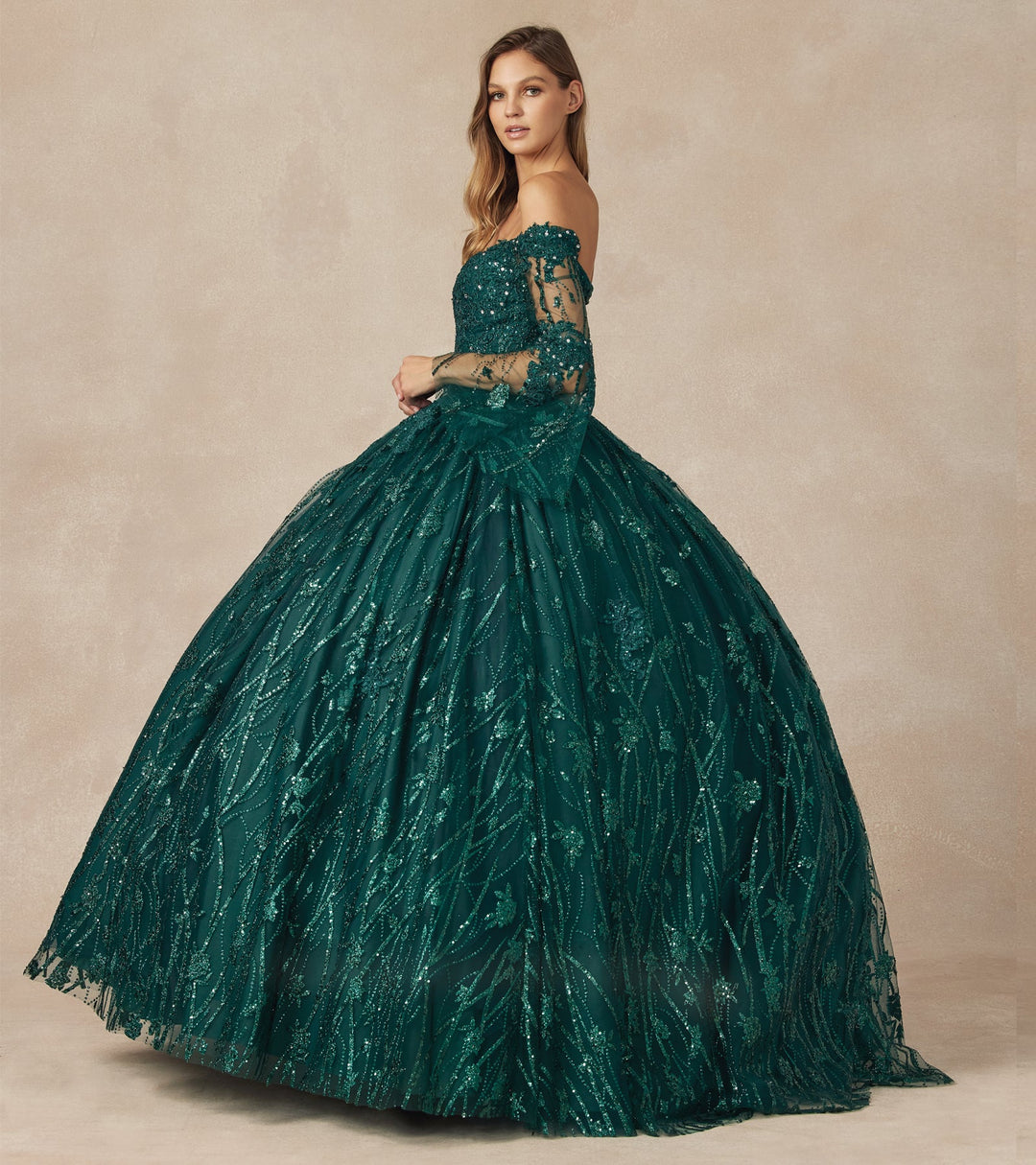 Glitter Print Bell Sleeve Ball Gown by Juliet 1438