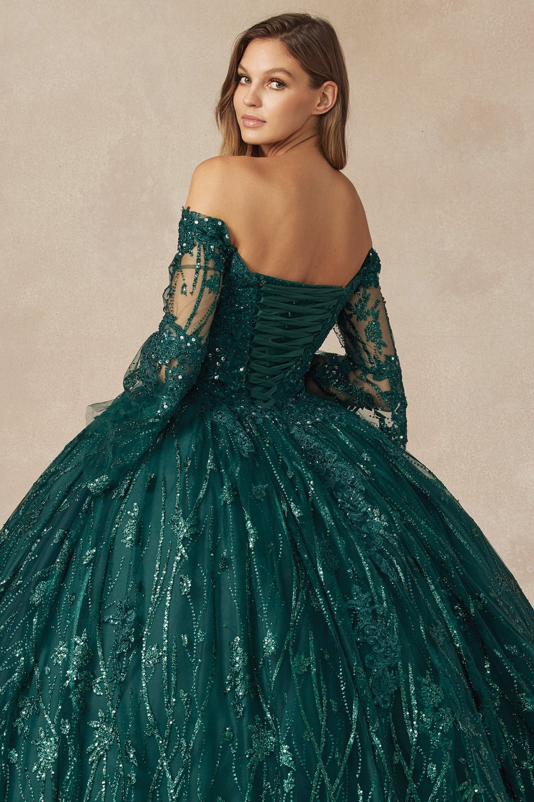 Glitter Print Bell Sleeve Ball Gown by Juliet 1438