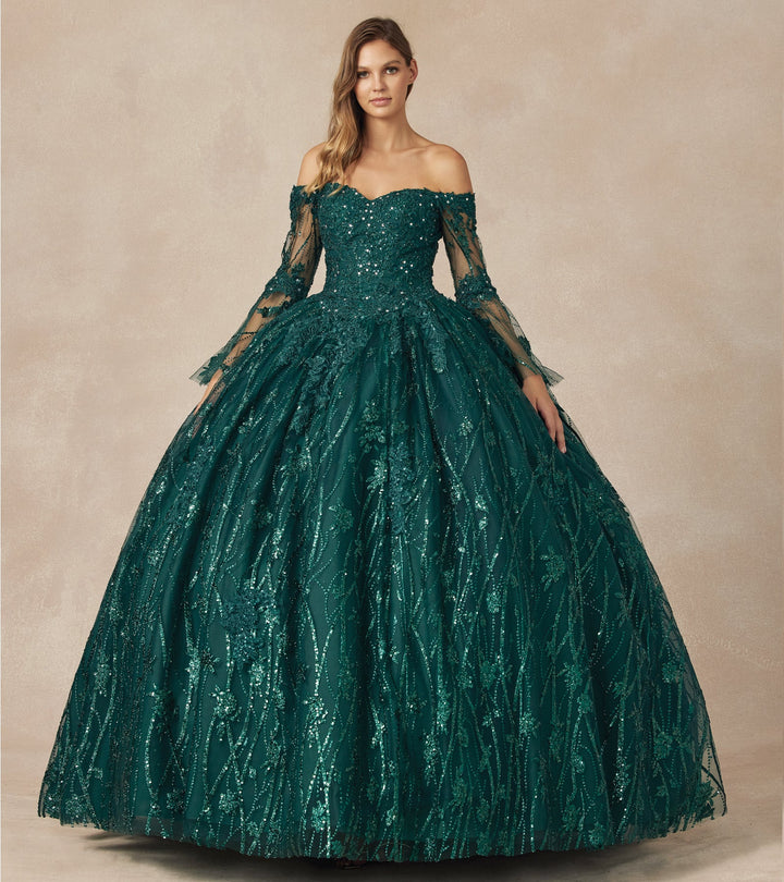Glitter Print Bell Sleeve Ball Gown by Juliet 1438