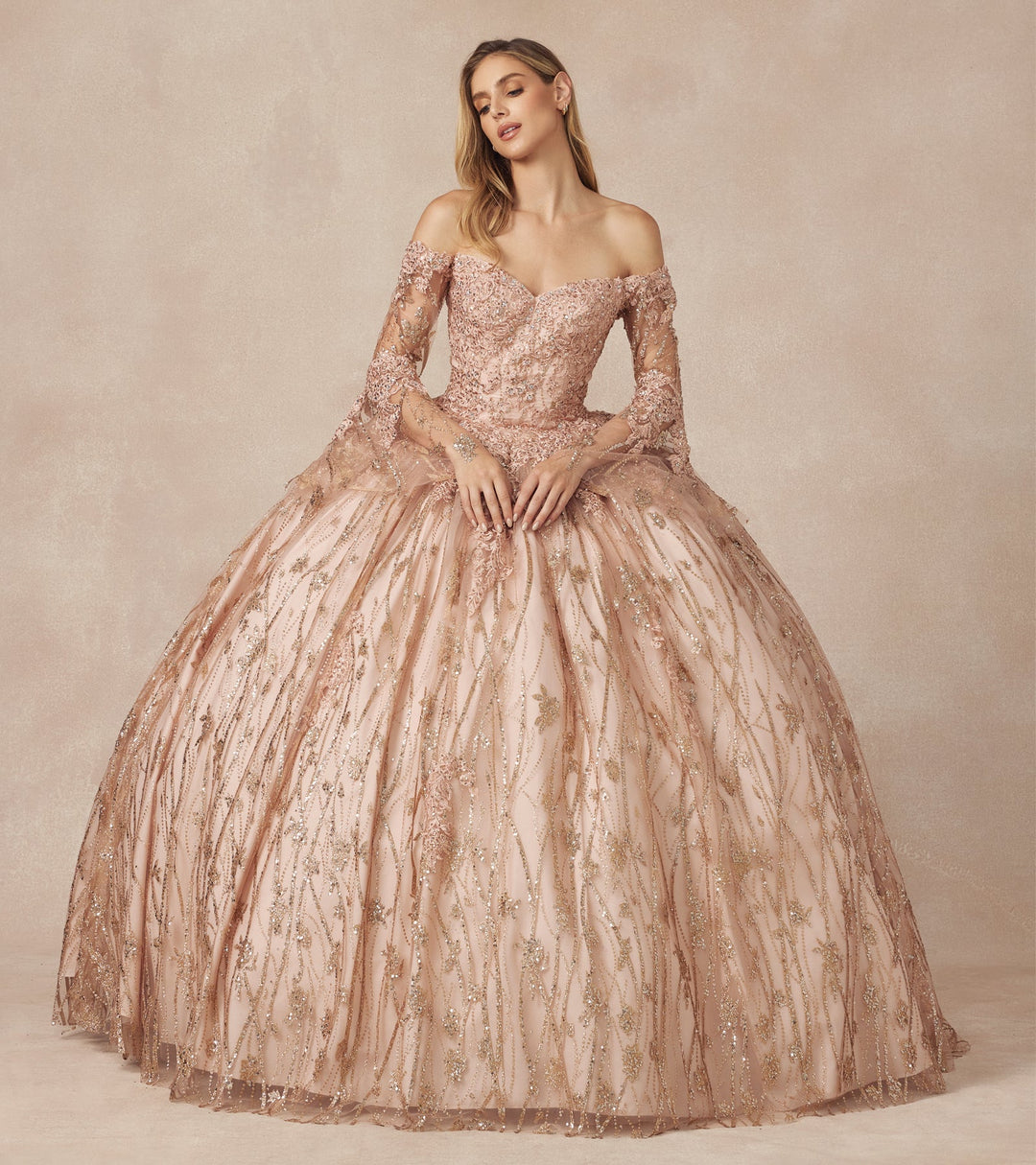 Glitter Print Bell Sleeve Ball Gown by Juliet 1438