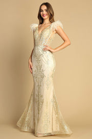 Glitter Print Corset Feather Mermaid Dress by Adora 3130