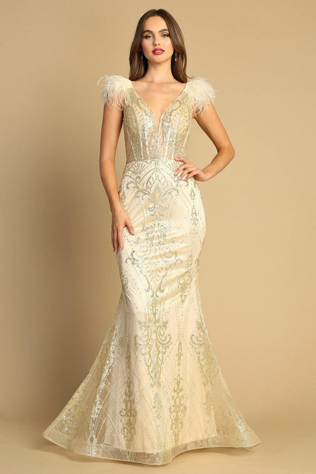 Glitter Print Corset Feather Mermaid Dress by Adora 3130