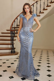 Glitter Print Corset Feather Mermaid Dress by Adora 3130