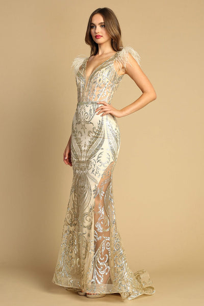 Glitter Print Deep V-Neck Feather Gown by Adora 3151