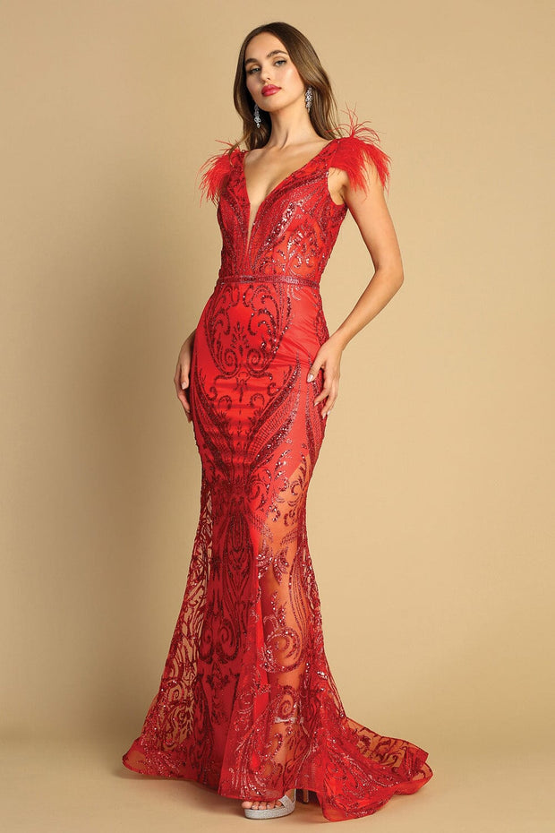 Glitter Print Deep V-Neck Feather Gown by Adora 3151