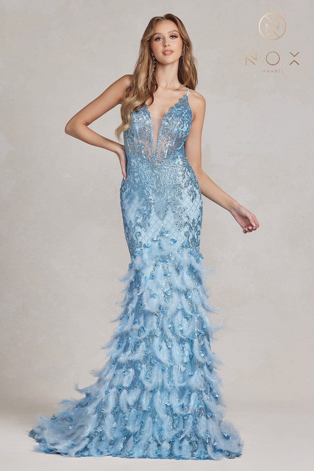Glitter Print Feather Mermaid Gown by Nox Anabel C1111