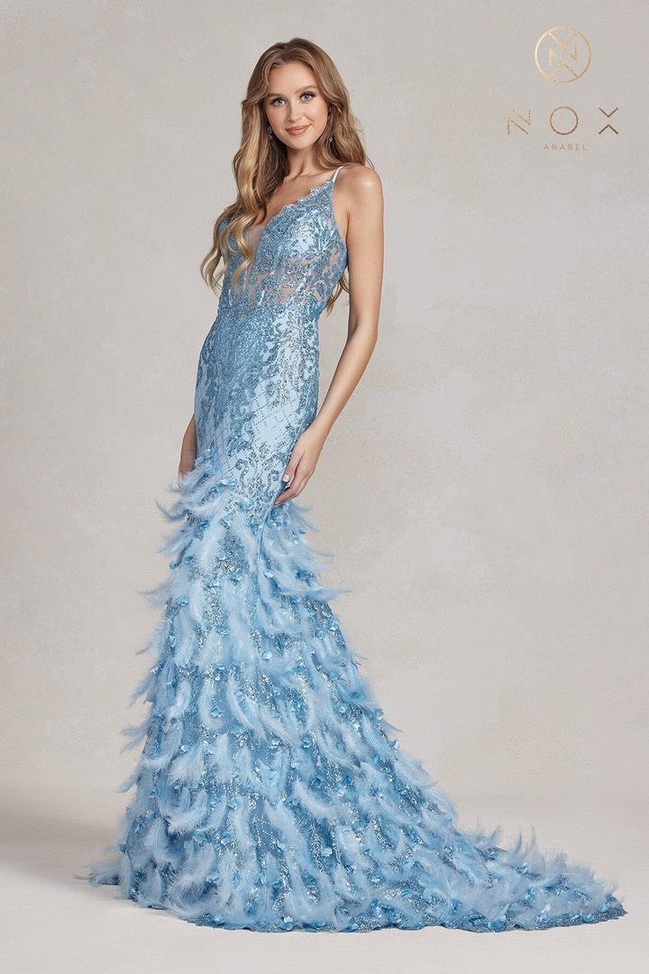 Glitter Print Feather Mermaid Gown by Nox Anabel C1111