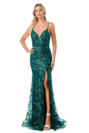 Glitter Print Fitted Deep V-Neck Slit Gown by Coya L2755T