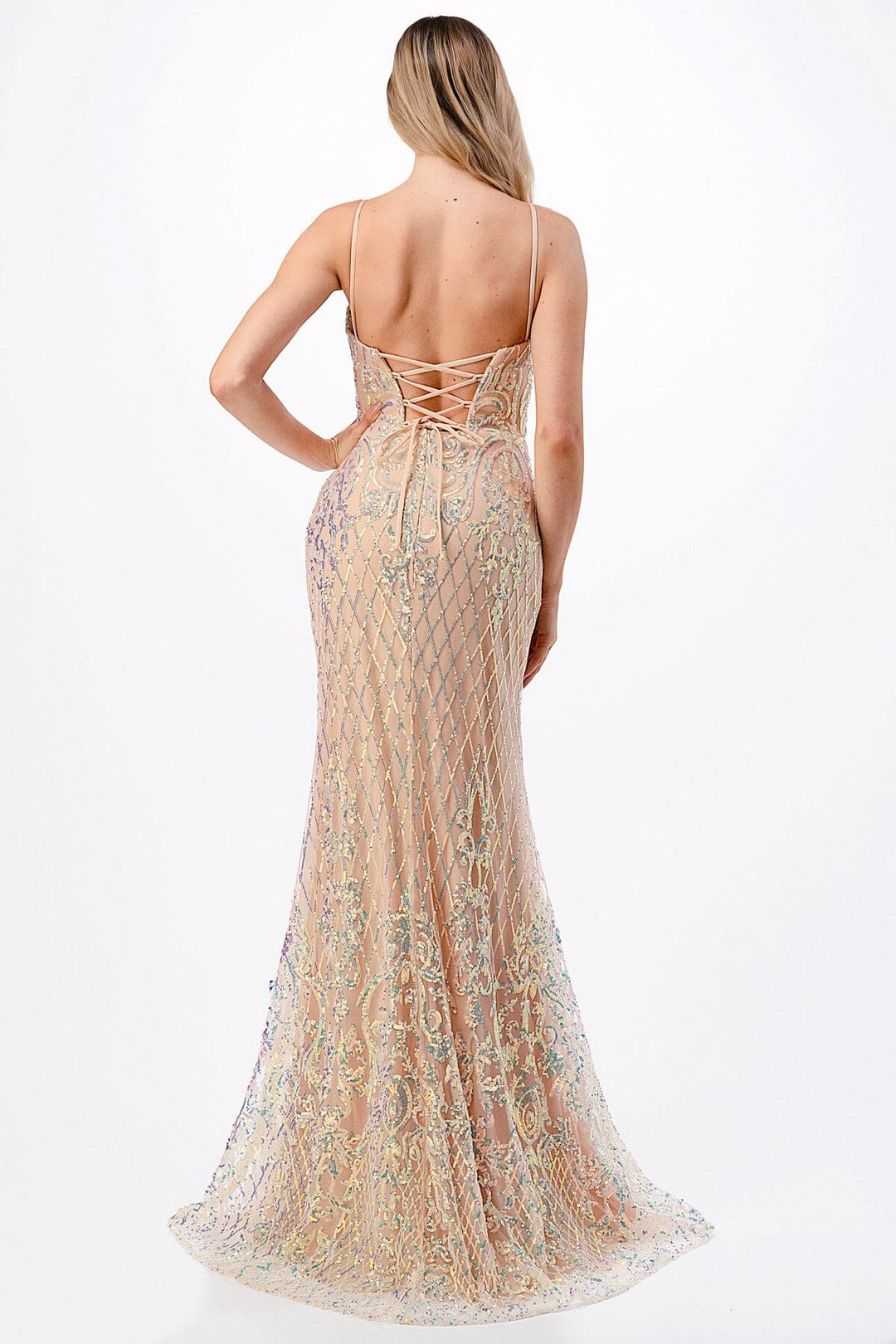 Glitter Print Fitted Lace-Up Back Gown by Coya L2692