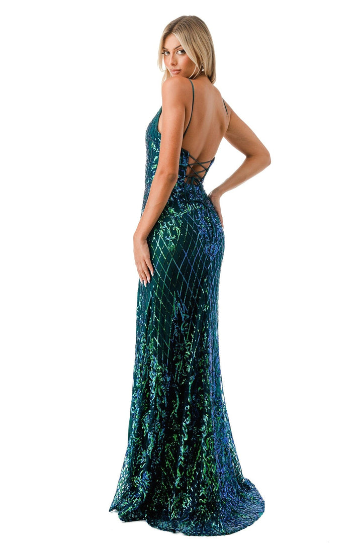 Glitter Print Fitted Lace-Up Back Gown by Coya L2692