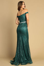 Glitter Print Fitted Off Shoulder Gown by Adora 3093
