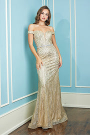 Glitter Print Fitted Off Shoulder Gown by Adora 3093