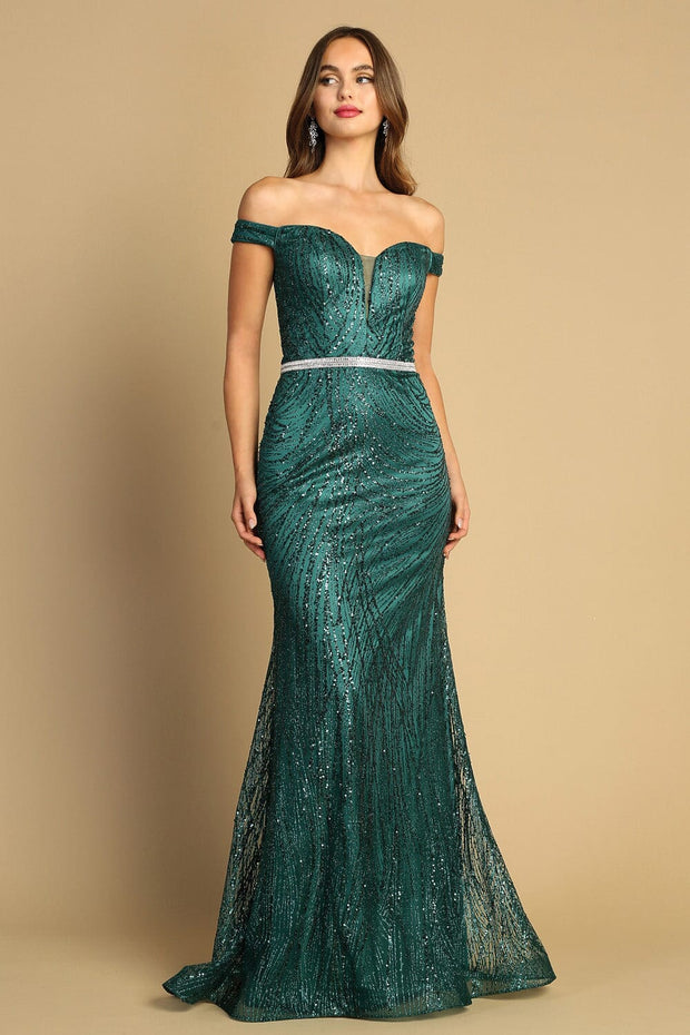 Glitter Print Fitted Off Shoulder Gown by Adora 3093