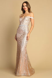 Glitter Print Fitted Off Shoulder Gown by Adora 3093