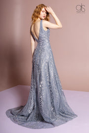 Glitter Print Gown with Illusion V-Neckline by GLS Gloria GL2698-Long Formal Dresses-ABC Fashion