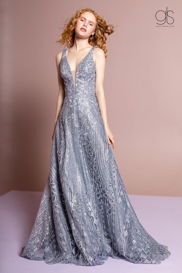 Glitter Print Gown with Illusion V-Neckline by GLS Gloria GL2698-Long Formal Dresses-ABC Fashion