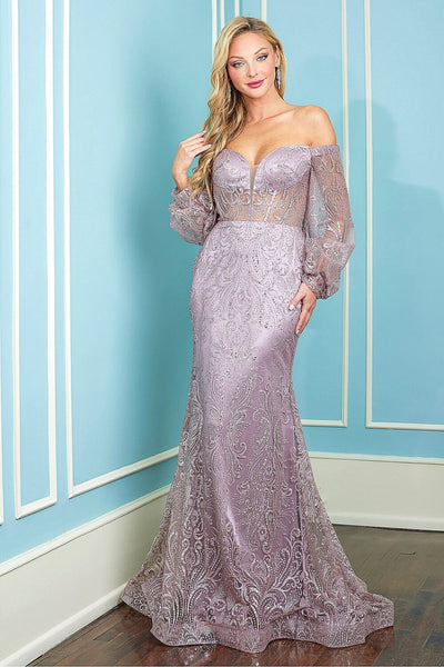 Glitter Print Long Sleeve Off Shoulder Gown by Adora 3150