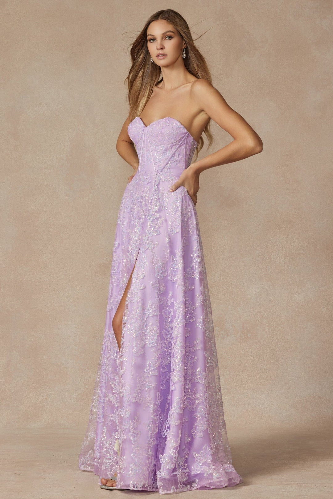Glitter Print Long Strapless Slit Dress by Juliet 2403