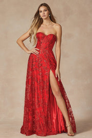 Glitter Print Long Strapless Slit Dress by Juliet 2403
