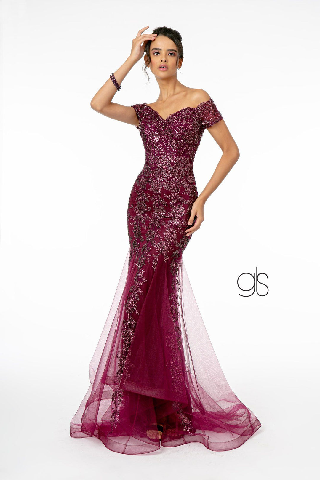 Glitter Print Mermaid Gown with Cutout Back by Elizabeth K GL1823