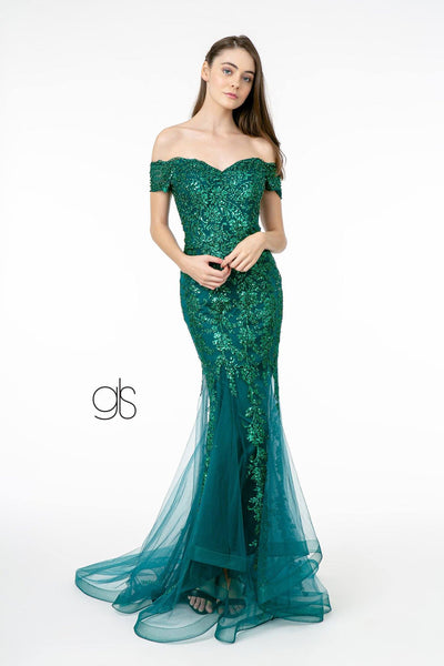 Glitter Print Mermaid Gown with Cutout Back by Elizabeth K GL1823