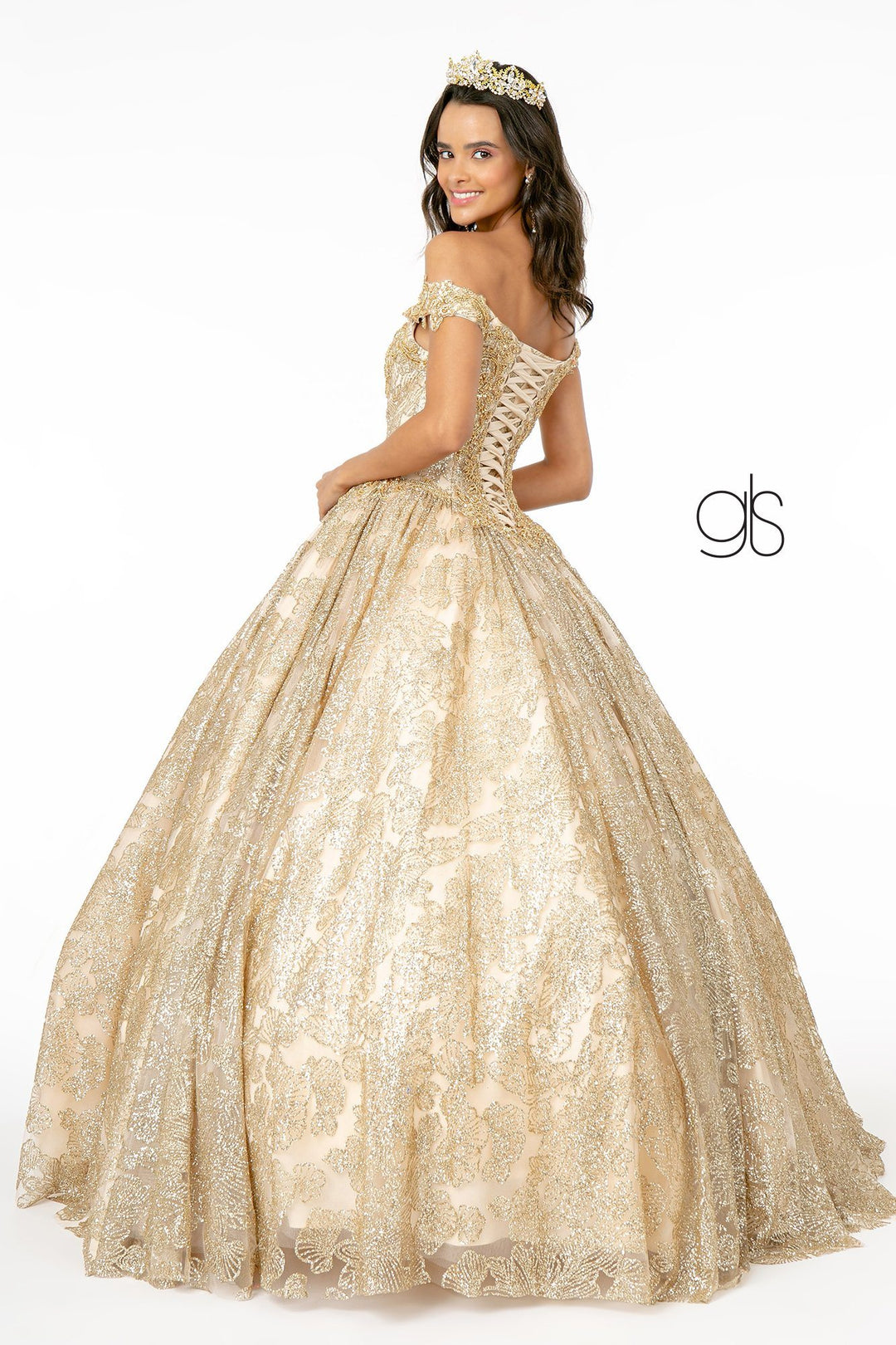 Glitter Print Off Shoulder Ball Gown by Elizabeth K GL1820