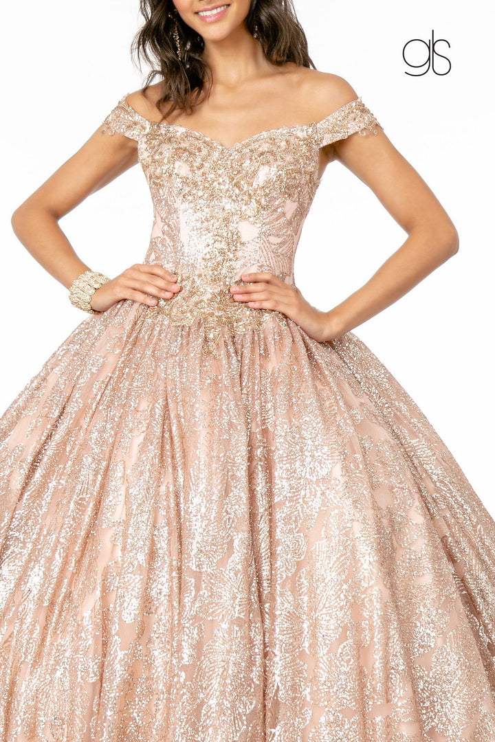 Glitter Print Off Shoulder Ball Gown by Elizabeth K GL1820