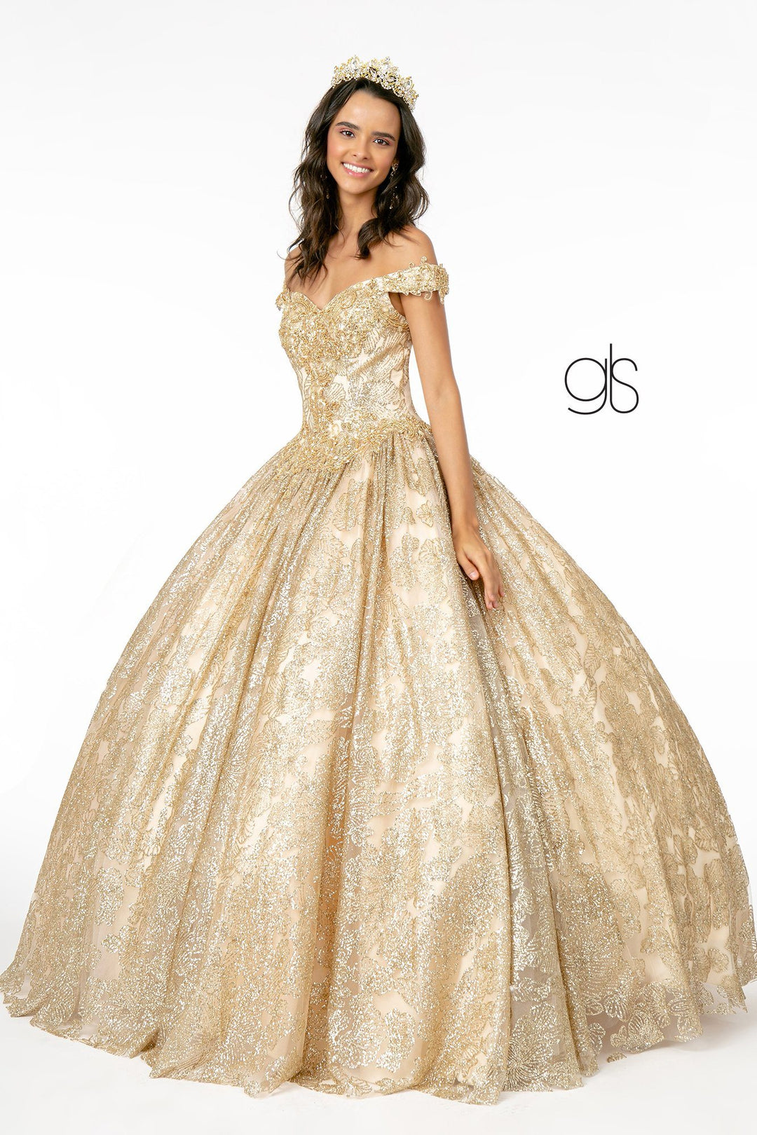 Glitter Print Off Shoulder Ball Gown by Elizabeth K GL1820