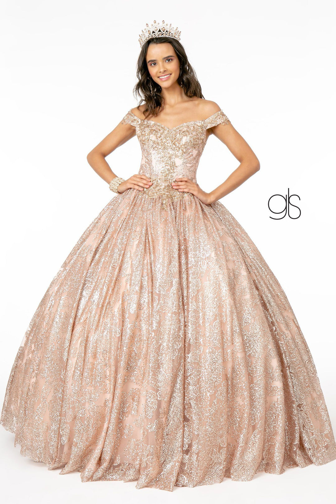 Glitter Print Off Shoulder Ball Gown by Elizabeth K GL1820