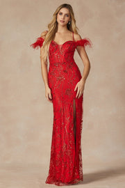 Glitter Print Off Shoulder Feather Gown by Juliet 2402