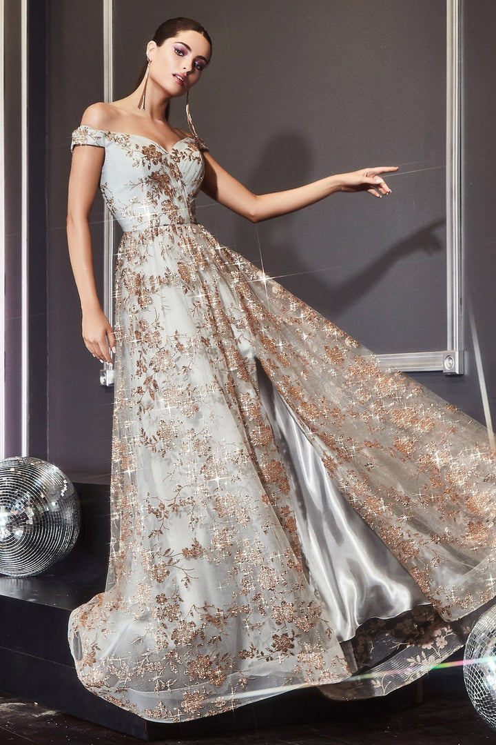 Glitter Print Off Shoulder Gown by Cinderella Divine CB069