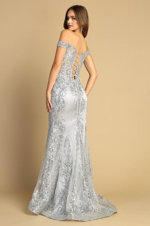 Glitter Print Off Shoulder Mermaid Dress by Adora 3123