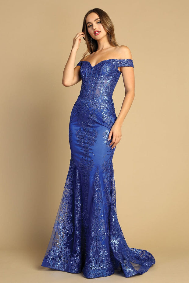 Glitter Print Off Shoulder Mermaid Dress by Adora 3123