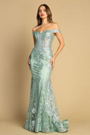 Glitter Print Off Shoulder Mermaid Dress by Adora 3123