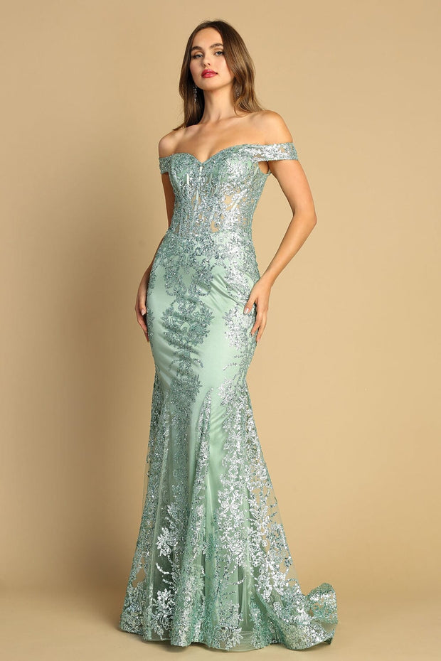 Glitter Print Off Shoulder Mermaid Dress by Adora 3123