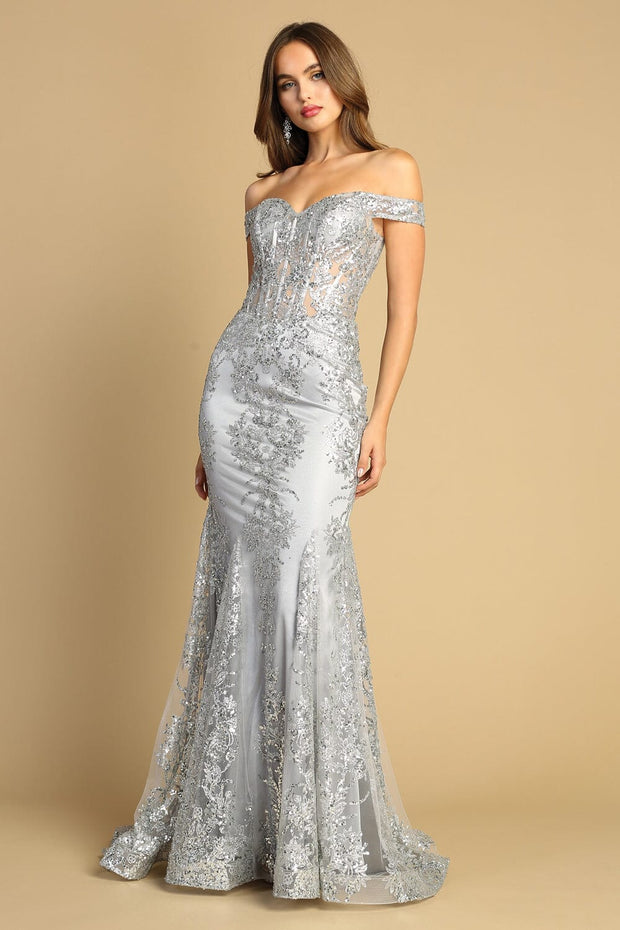 Glitter Print Off Shoulder Mermaid Dress by Adora 3123