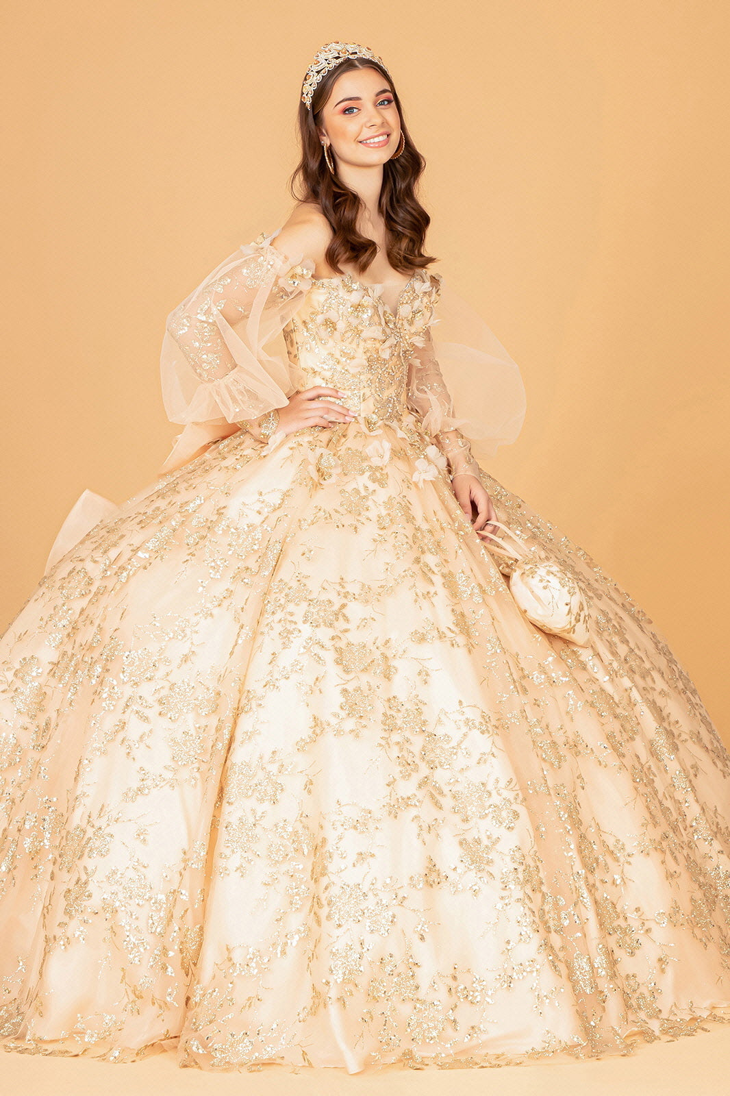 Glitter Print Puff Sleeve Ball Gown by Elizabeth K GL3071